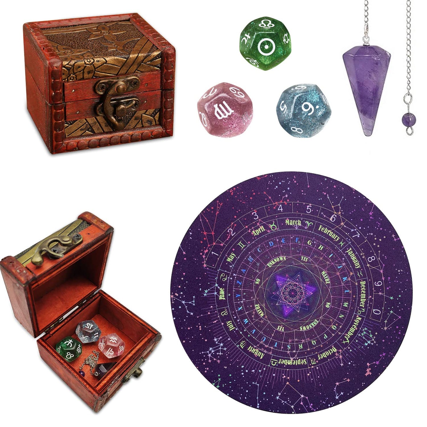 Knana 6Pcs Pendulum Board Pendulum Crystal for Dowsing Tarot Dice Astrology Dice with Box Tarot Gifts for Women Wiccan Supplies and Tools Tarot Divination for Beginners