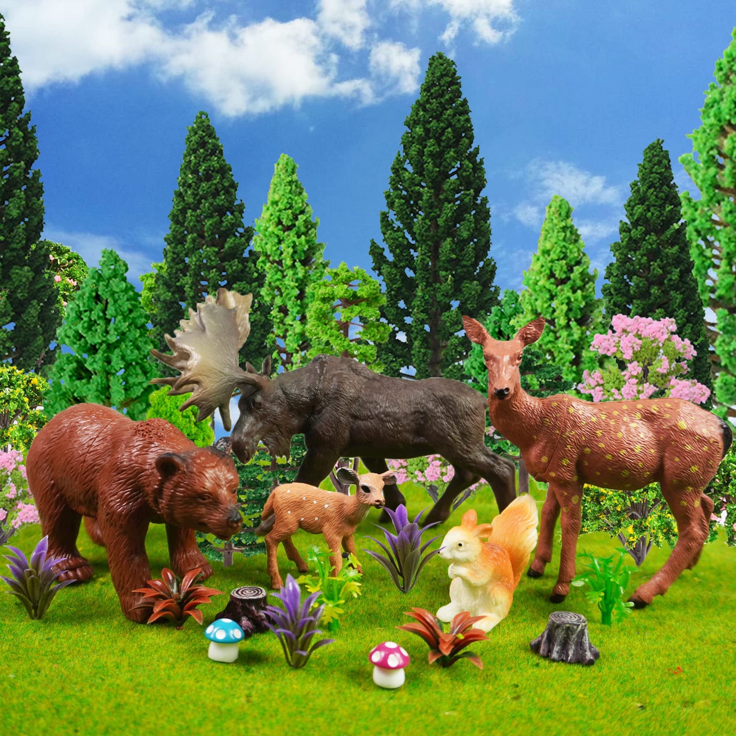 40 PCS Woodland Animals Figures Model Trees 5 Pcs Animal Toy Figurines and 35 Pcs Mixed Plastic Trees Forest for Woodland Cake Toppers Decorations Birthday Party Supplies