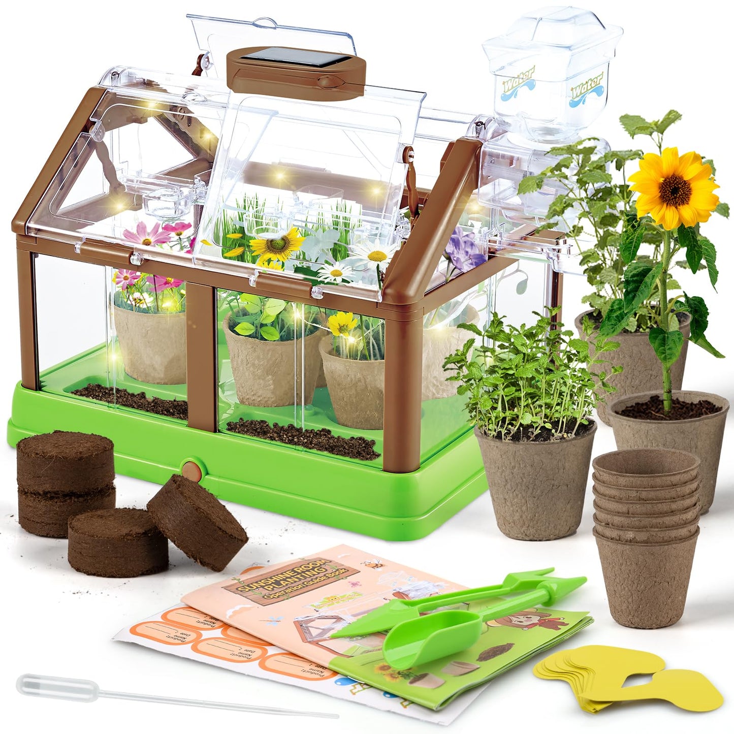 DUYOYU Kids Plant Growing Kit - Kids Greenhouse & Flower Growing Kit with Upgraded Irrigation & Grow Light – Perfect Gardening for Kids(Solar Green)