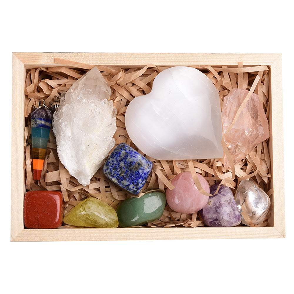 Rainbow Energy Crystal Pendulum Set with Wooden Box