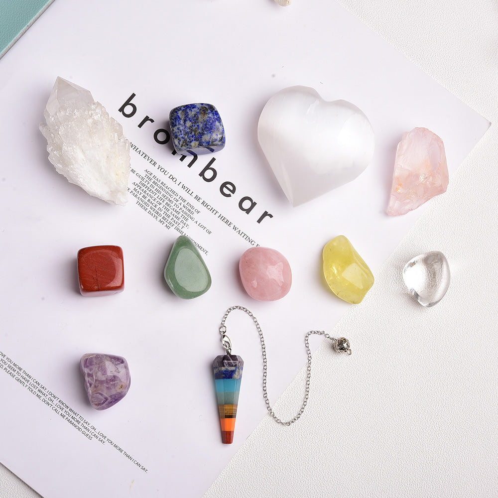 Rainbow Energy Crystal Pendulum Set with Wooden Box