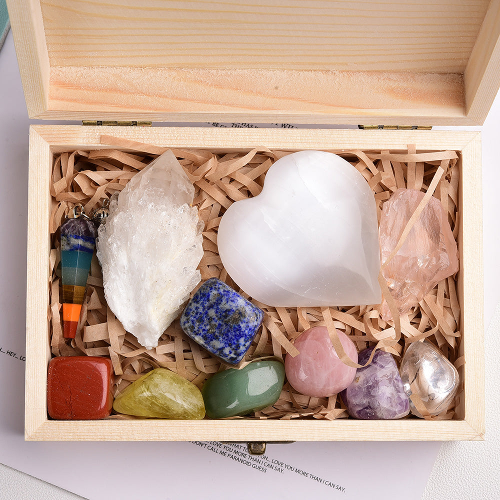 Rainbow Energy Crystal Pendulum Set with Wooden Box