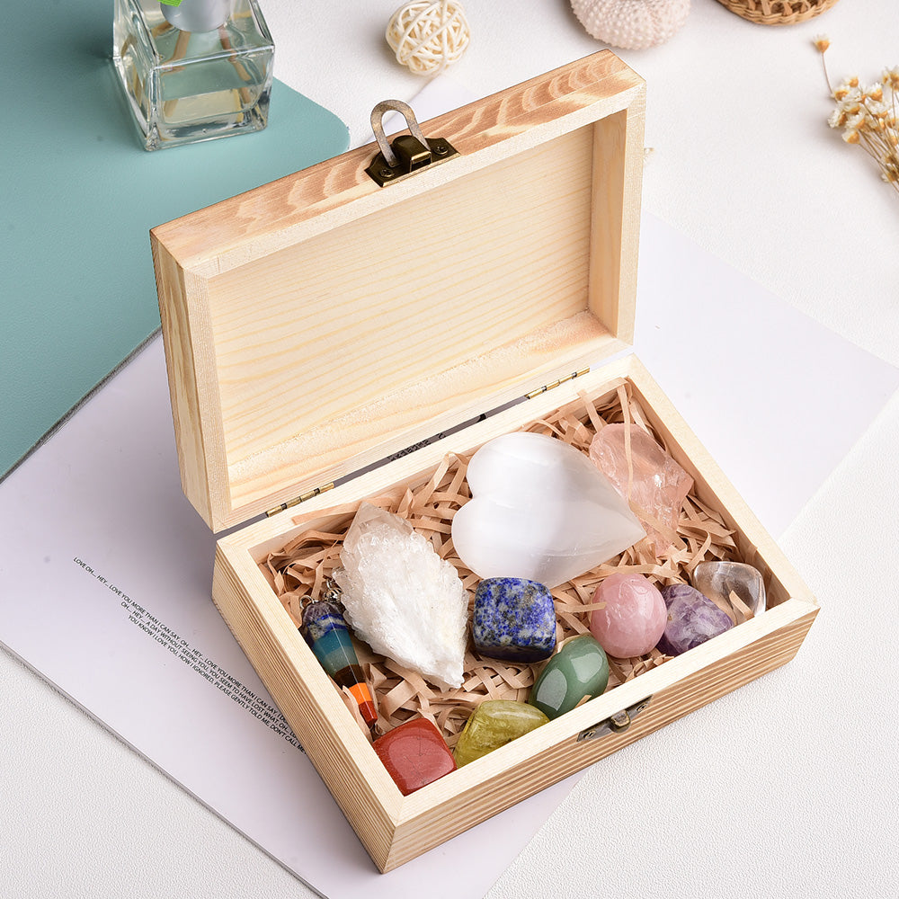 Rainbow Energy Crystal Pendulum Set with Wooden Box