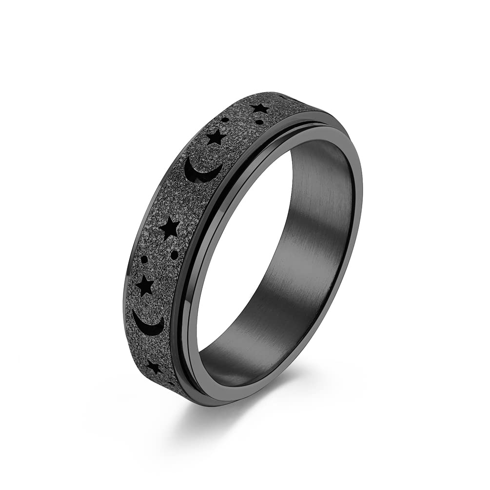 WLPCIV Anxiety Ring for Women Men - 6MM Stainless Steel Spinner Rings Moon and Star Stress Relieving Fidget Ring Sand Blast Finish Band (Black 8)