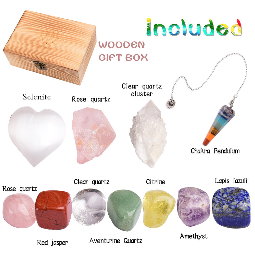 Rainbow Energy Crystal Pendulum Set with Wooden Box