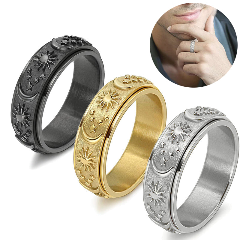 Celestial Spinner Ring — Sun, Moon & Stars